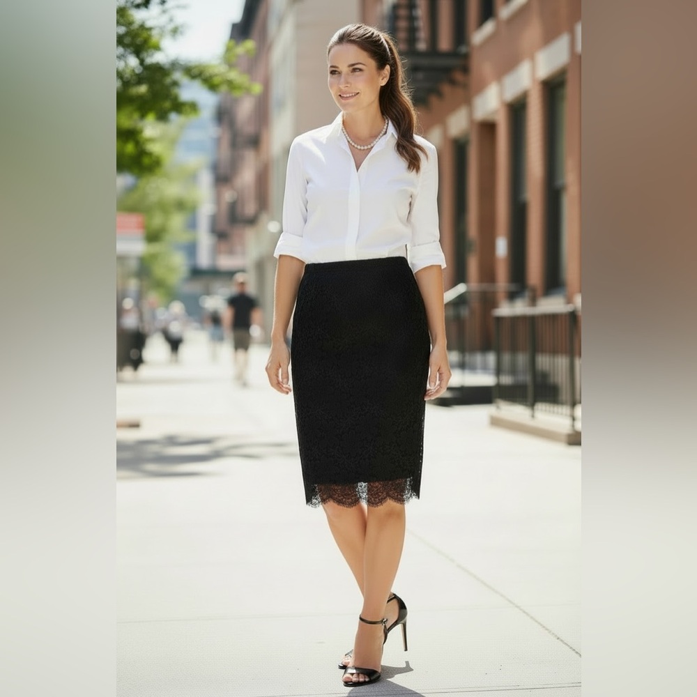 Mario Borsato Couture Black Lace Pencil Skirt US 6 Elegant Scallop Hem Midi
